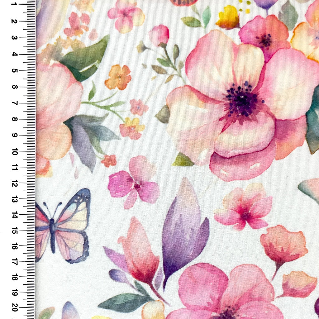 Jersey Viskose Digitaldruck - Blumen & Schmetterlinge - wollweiß