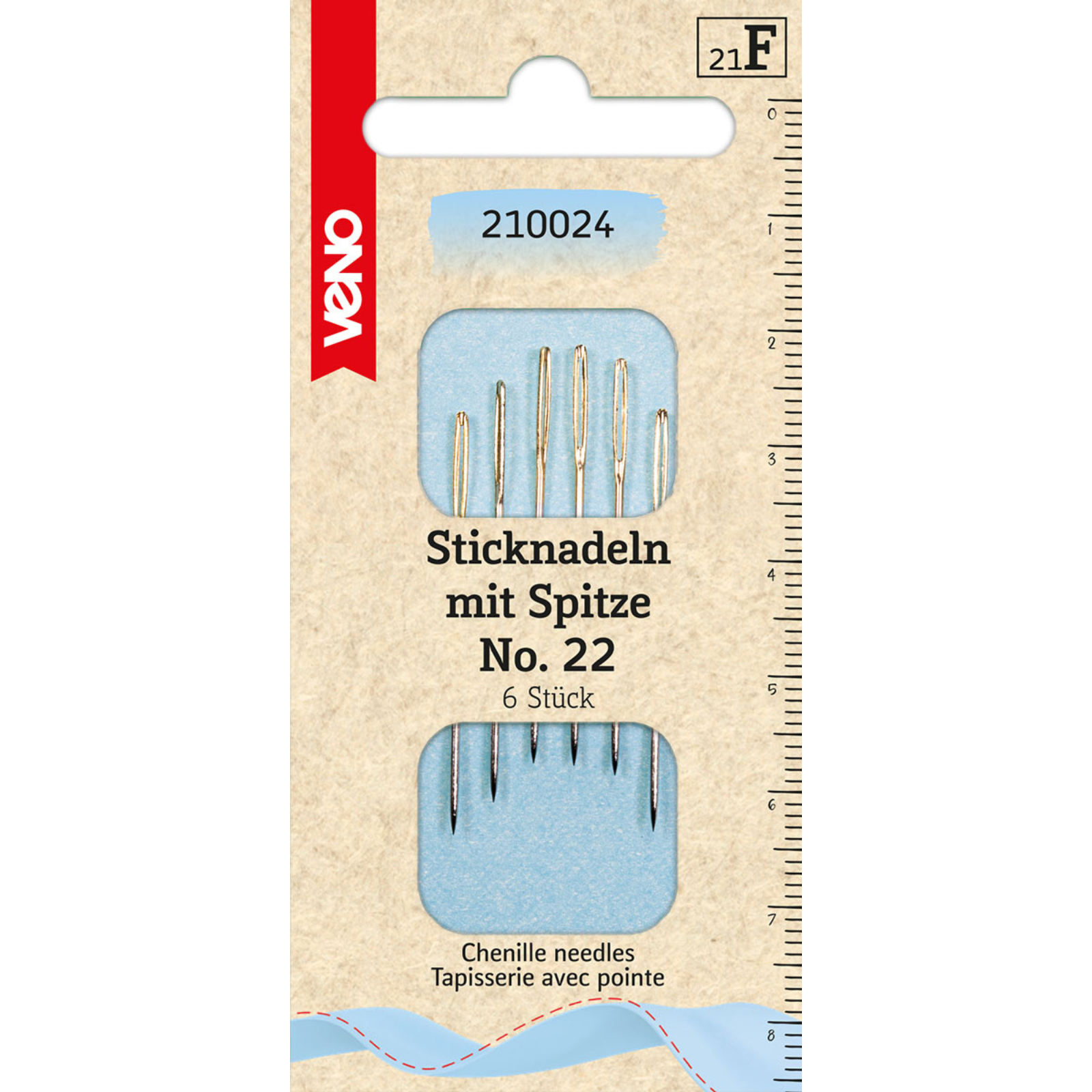 Sticknadeln mit Spitze No. 22 - Goldöhr - 6 Stück