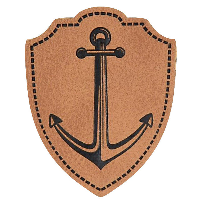 Jessy Sewing Kunstleder-Label mit aufgedruckter Nähnaht - "Wappen Anker" - braun