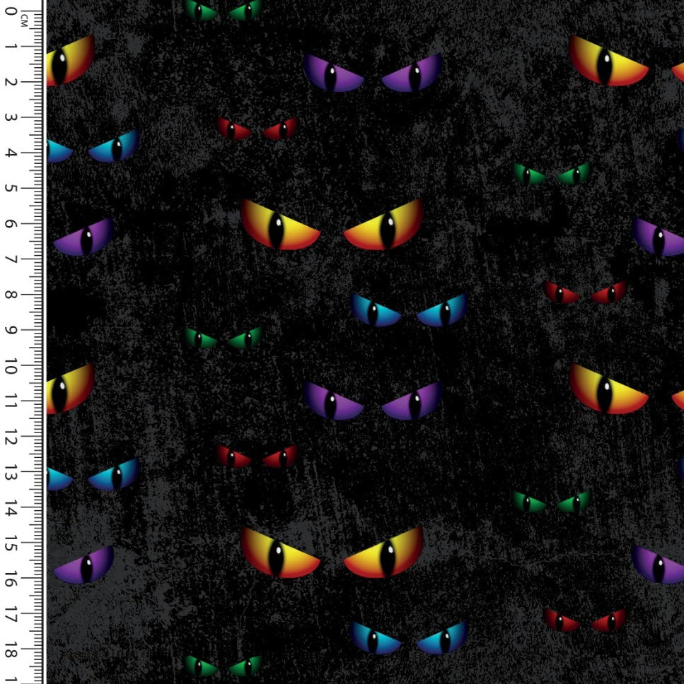 👁️ Baumwolle Jersey Stoff Digitaldruck - Leuchtende Katzenaugen auf Schwarz