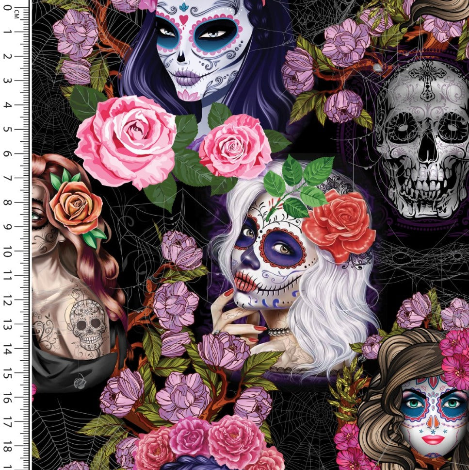 Baumwolle Jersey Stoff Digitaldruck - Bunte Totenköpfe & Blumen auf Schwarz