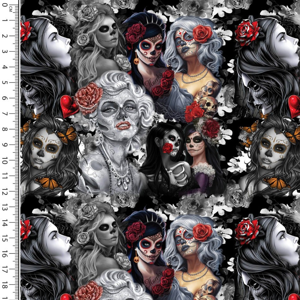 Baumwolle Jersey Stoff Digitaldruck - Schädel & Rosen in Schwarz-Weiß-Rot