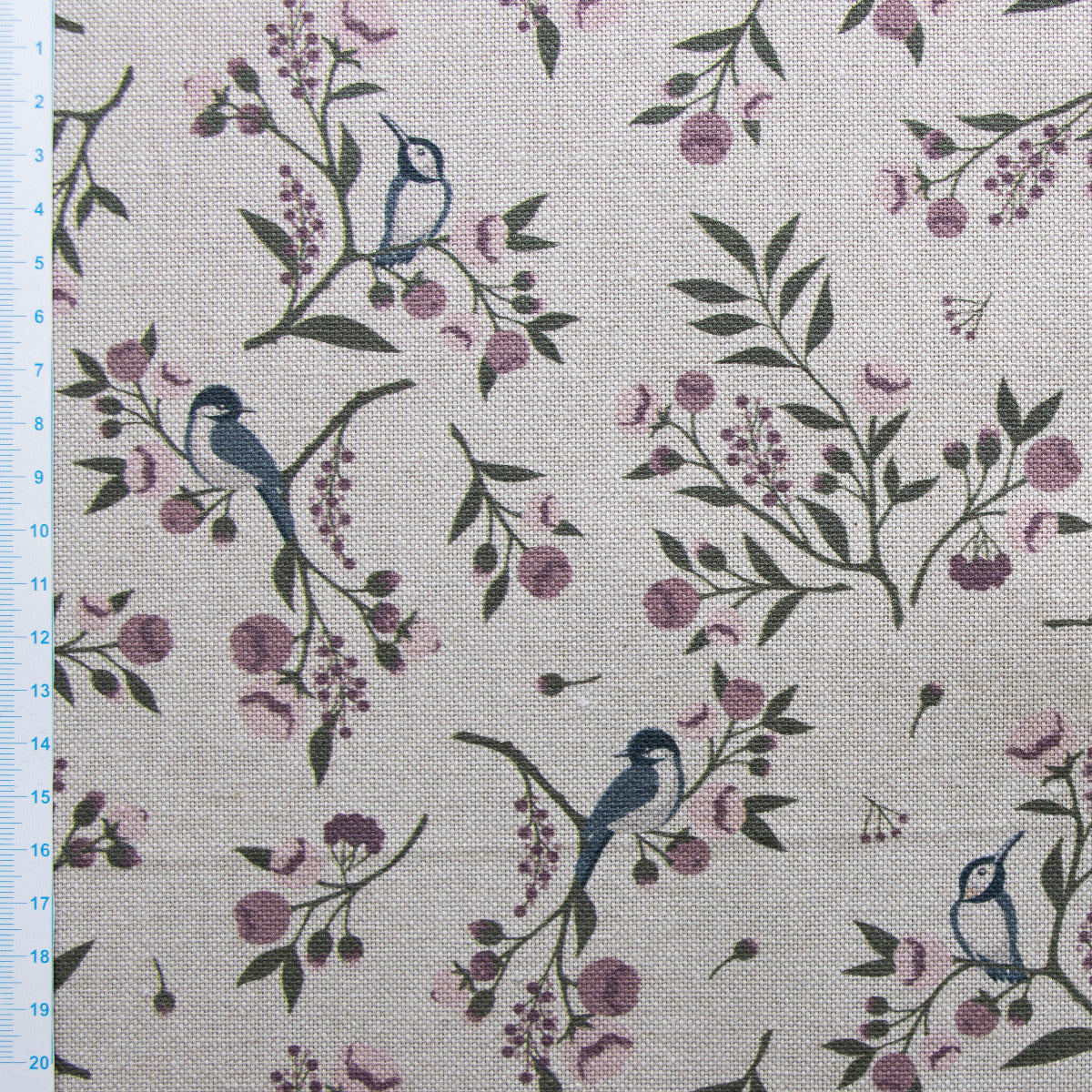 Dekostoff Half-Panama Leinenoptik - elegante Vögel auf Blumenzweige - wollweiß