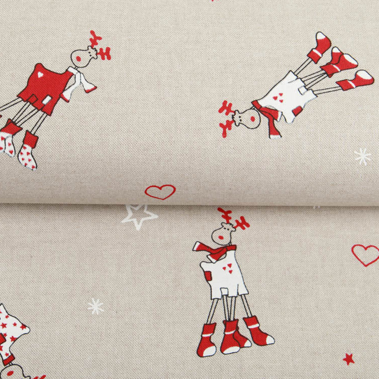 Dekostoff Half-Panama Leinenoptik - lustige Rentiere und Sterne - Natur