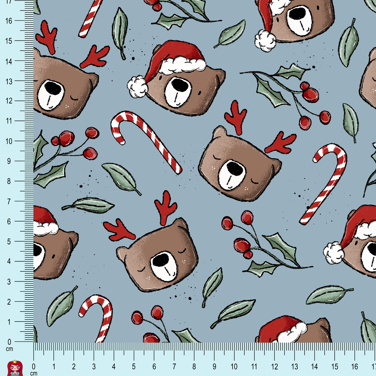 Eigenproduktion Ripp-Jersey BearXmas Katzengold-Design - taubenblau