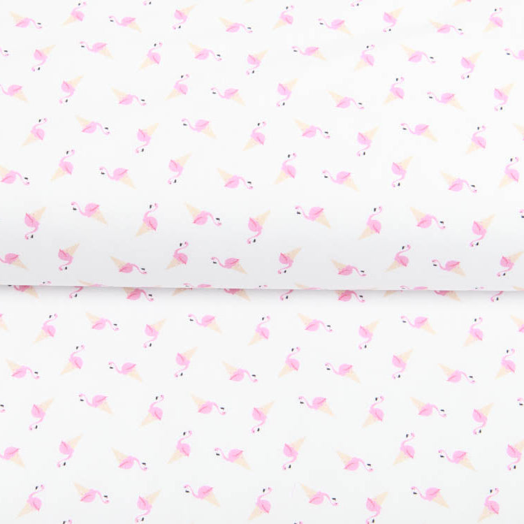 🦩🍦Webware Baumwolle - Flamingos auf Eiswaffeln - weiß