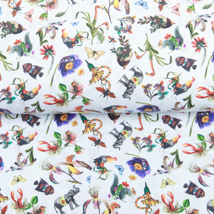 Webware hochwertige, langstablige Baumwolle - fruchtige Tiere auf Punkten - weiß