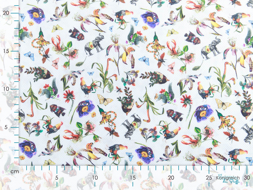 Webware hochwertige, langstablige Baumwolle - fruchtige Tiere auf Punkten - weiß