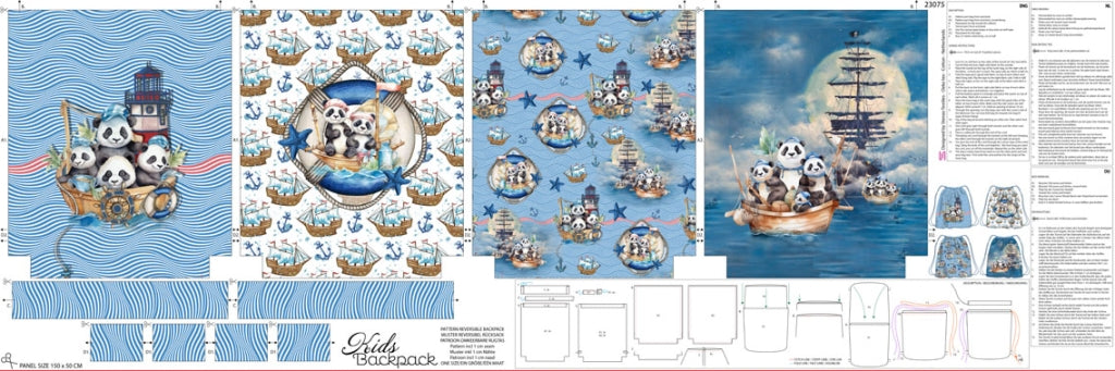 Canvas Taschen- & Rucksackpanel „Panda Matrosen“ – Digitaldruck