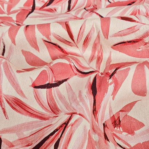 Webware Viskose Crepé - Blätter - wollweiß - rosa