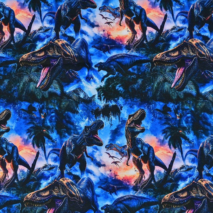 Jersey Baumwolle Digitaldruck - Welt der Dinosaurier - blau