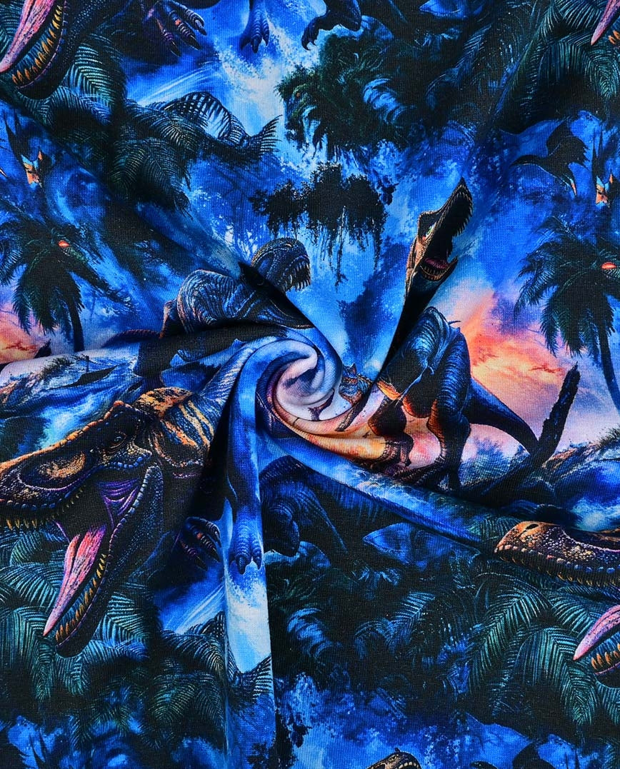 Jersey Baumwolle Digitaldruck - Welt der Dinosaurier - blau