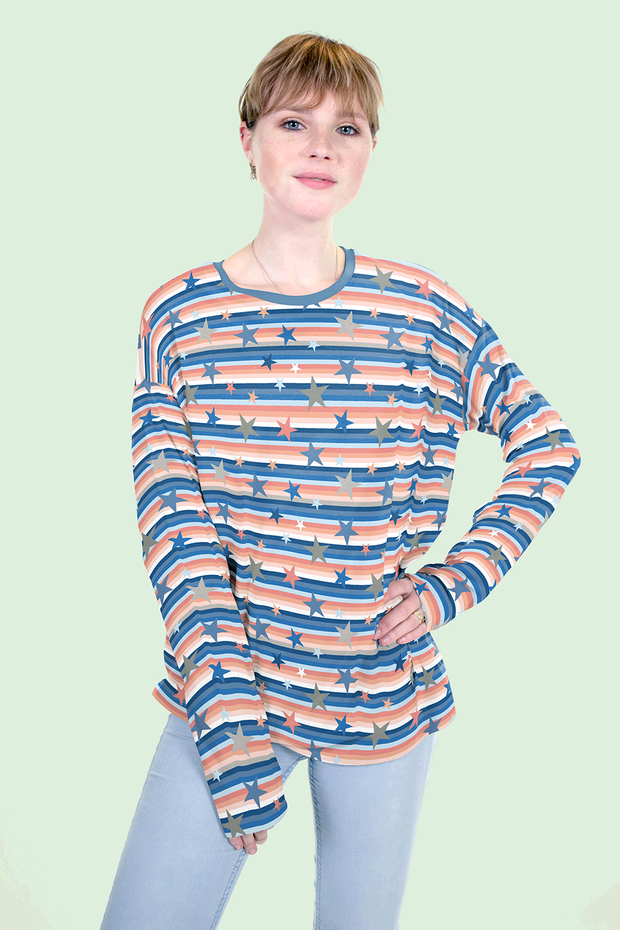 Sweat French Terry - Sterne auf Streifen - lachsfarben