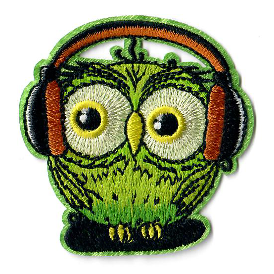 Stick-Applikation zum Aufbügeln ca. 6,0 cm x 6,0 cm - Eule mit Kopfhörer - grün