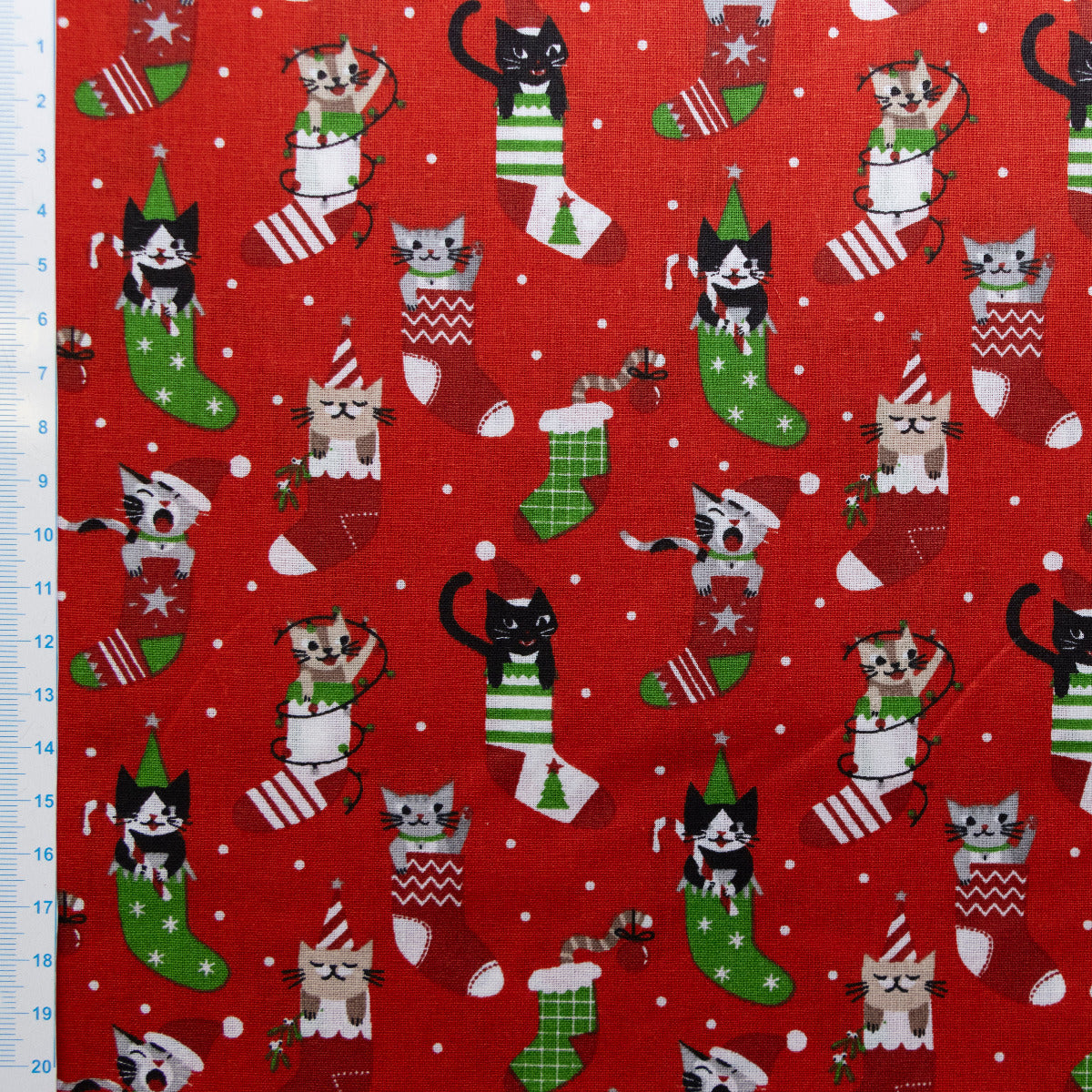 Webware Baumwolle Christmas - Weihnachtliche Katzen - rot