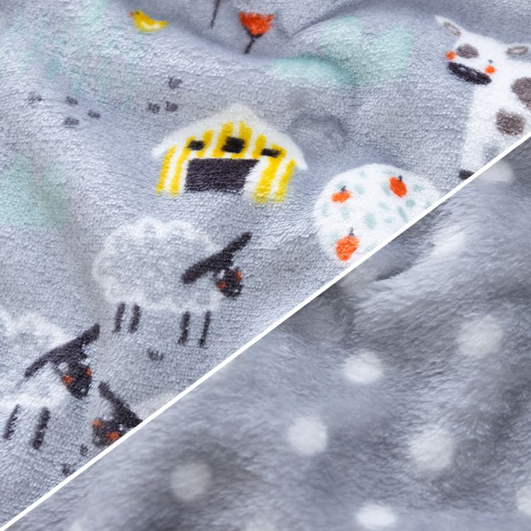 Wellnessfleece Doubleface - Bauernhof und Punkte - grau