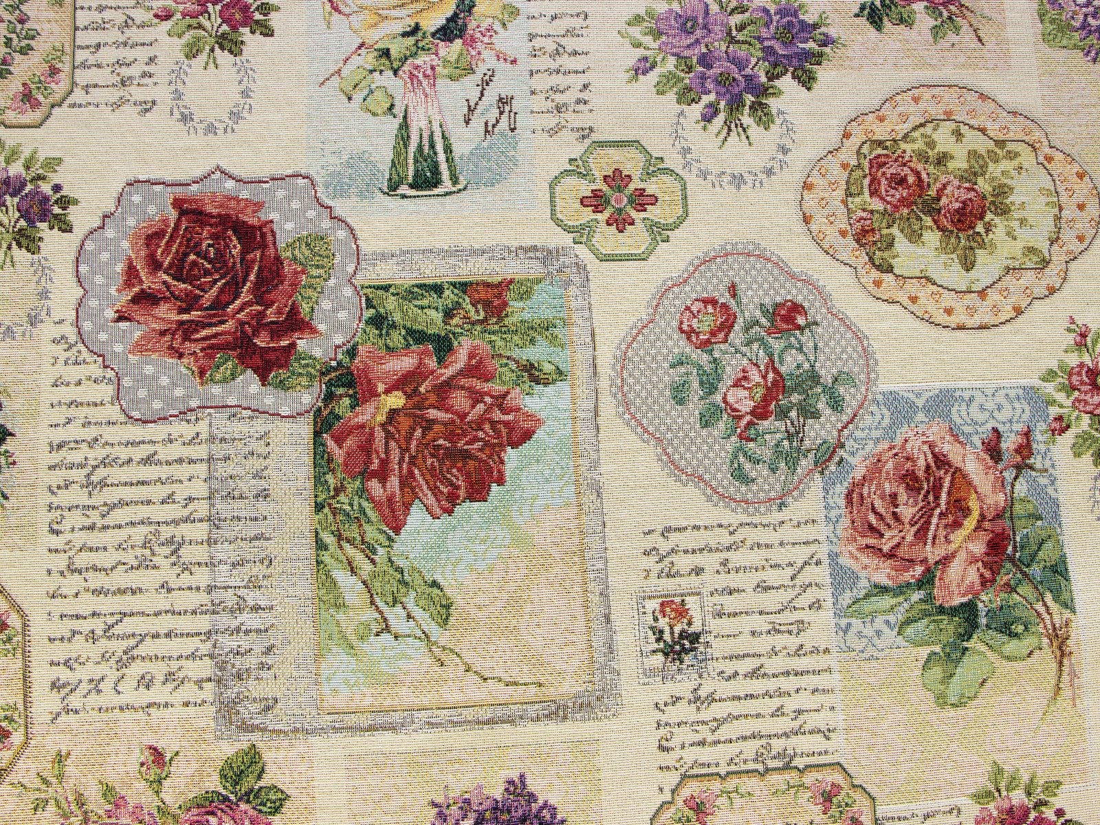 Jacquard Gobelin Dekostoff - verschiedene Blumen - beige