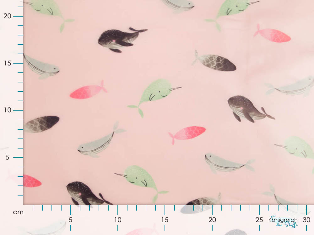 Halbtransparenter Regenjackenstoff - verschiedene Meerestiere - altrosa