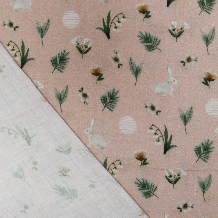 Musselin Double Gauze Digitaldruck by Poppy - Hasen und Maiglöckchen - altrosa