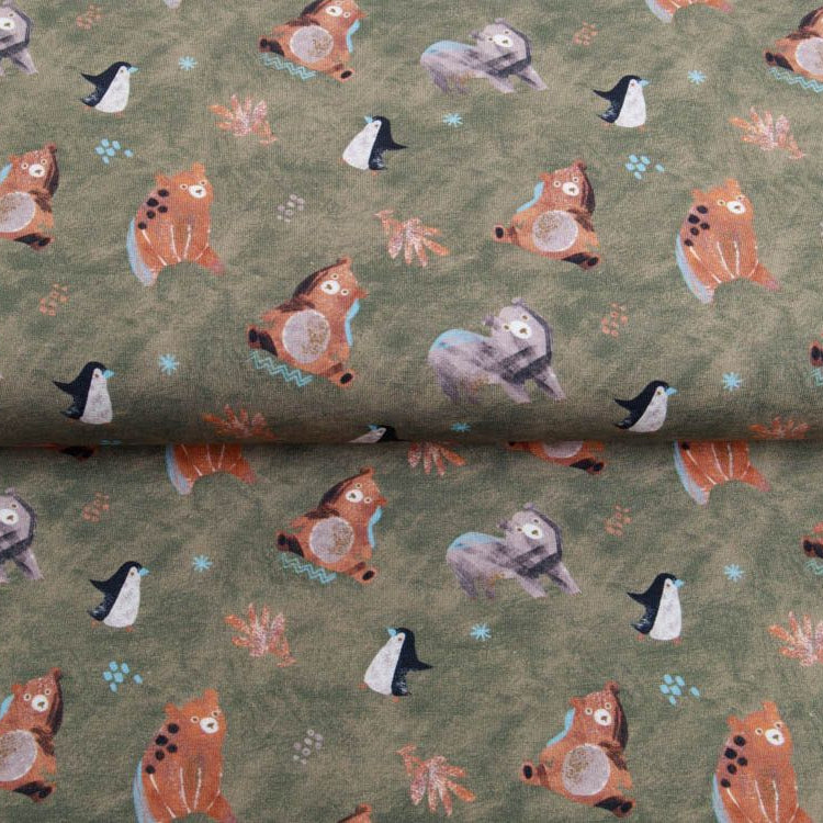 Jersey Digitaldruck by Poppy - Bären und Vögel - olive