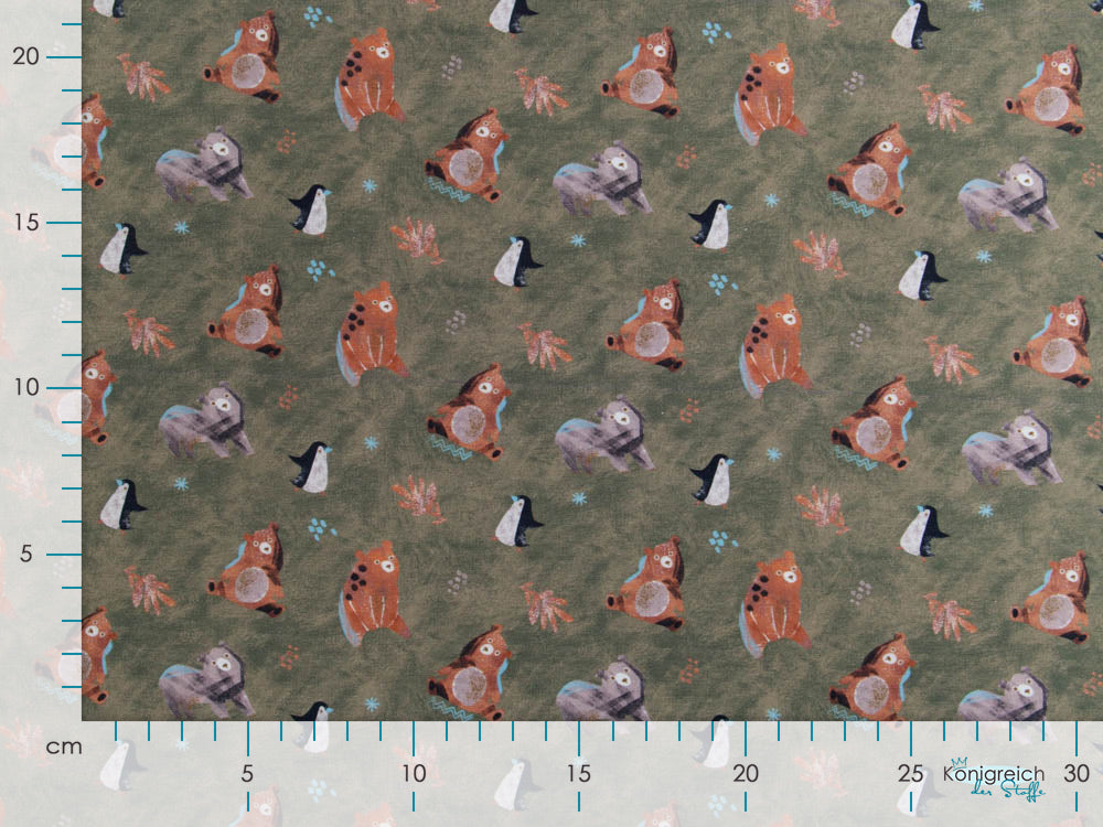 Jersey Digitaldruck by Poppy - Bären und Vögel - olive