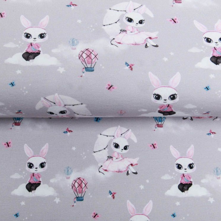 Jersey Digitaldruck by Poppy - Hasendamen auf Wolken - grau