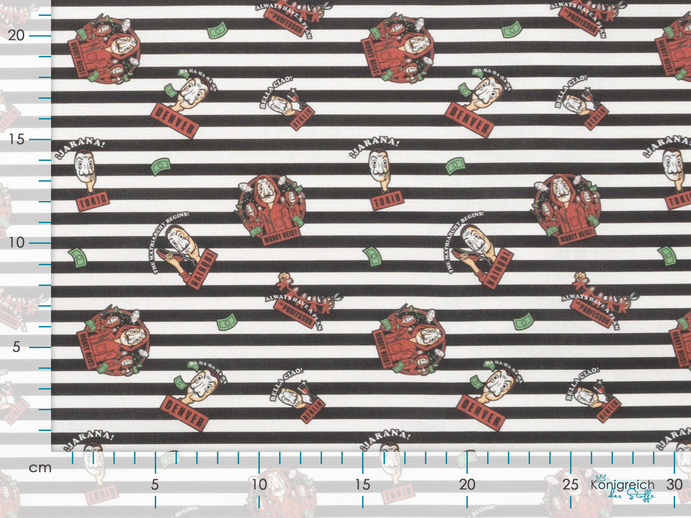 Webware Baumwolle Popeline Digitaldruck La Casa De Papel - Mas Que auf Streifen - weiß