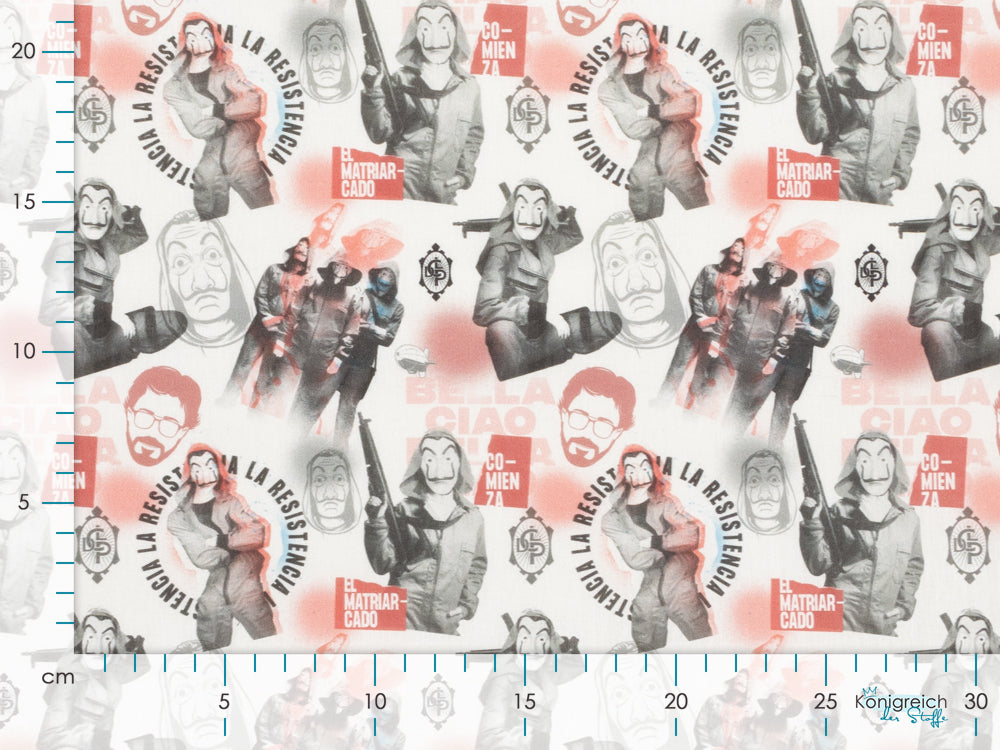 Webware Baumwolle Popeline Digitaldruck La Casa De Papel - El Professor und ein Team von Kriminellen - weiß