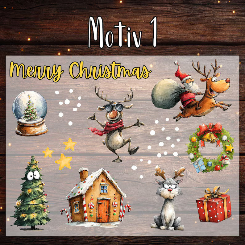 Lustige Weihnachten Bügelbilder - Set - Wasserfarbe