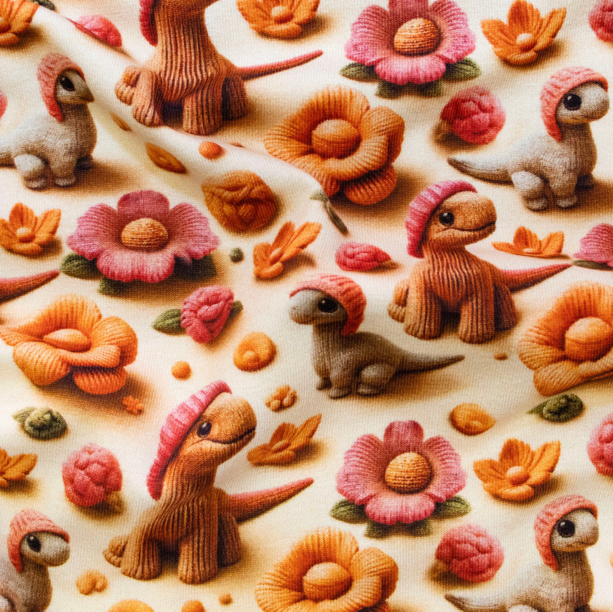 Jersey Digitaldruck - Süße Dinos mit Mütze – Hellgelb