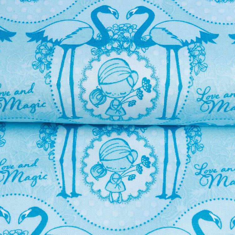 Webware Baumwolle Tante Ema Love and Magic - Flamingos - helles blau