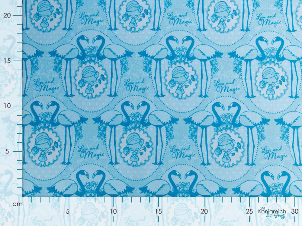 Webware Baumwolle Tante Ema Love and Magic - Flamingos - helles blau