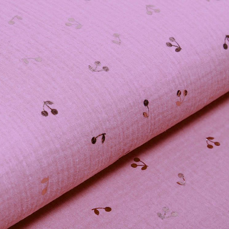Musselin Baumwolle Double Gauze Bambino mit Foliendruck - Kirschen - altrosa