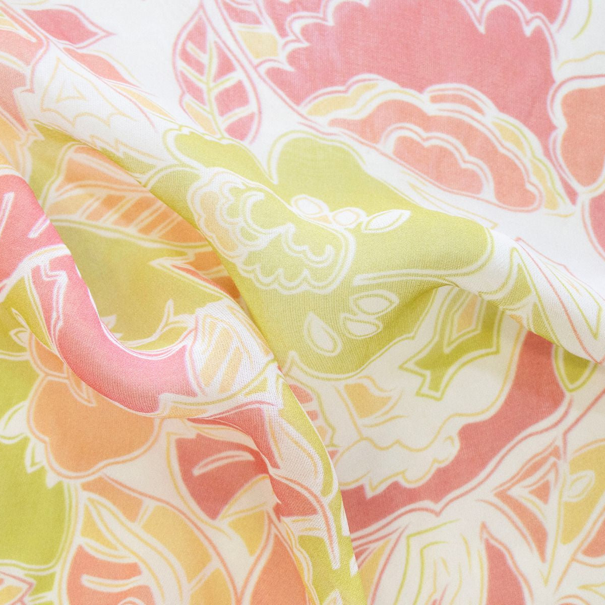 Spanischer Designerstoff Chiffon Viskose - Abstrakte Blumen - weiß - orange