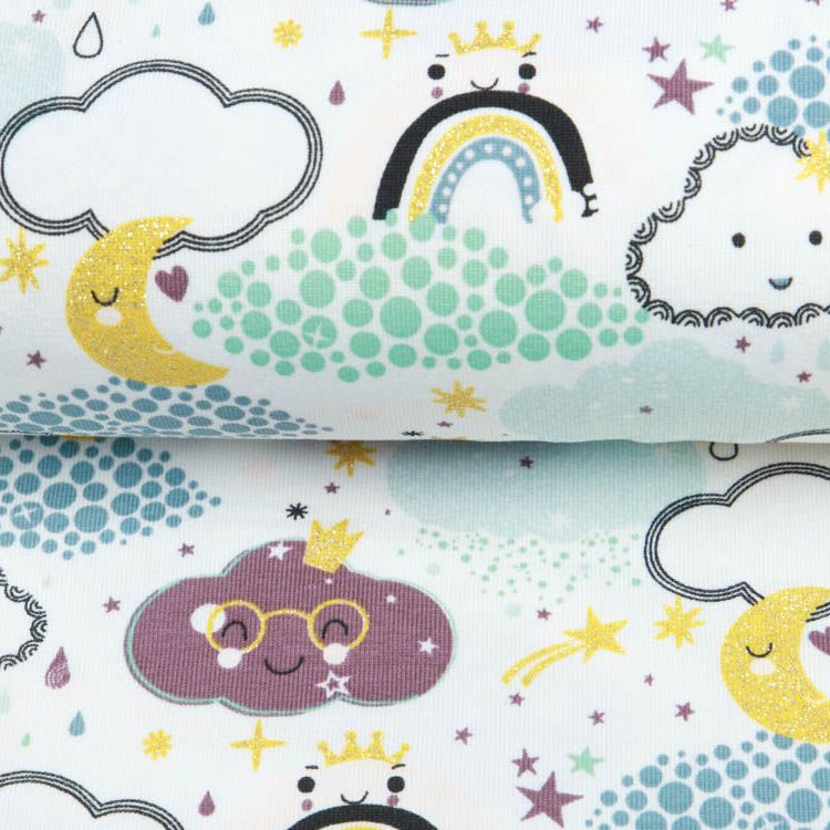 Jersey Cotton mit Foliendruck - lustige Wolken - weiß-mint