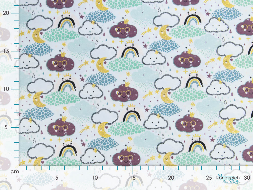 Jersey Cotton mit Foliendruck - lustige Wolken - weiß-mint