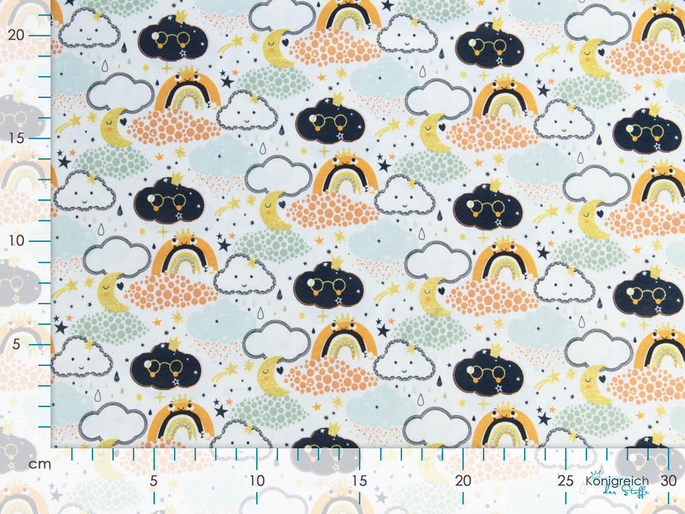 Jersey Cotton mit Foliendruck - lustige Wolken - weiß-mint