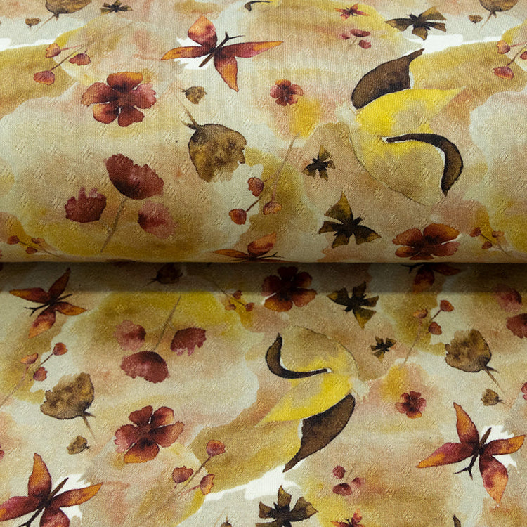 Jersey Feinstrick Stoff Ajoure Pointoille - Aquarelle Schmetterlinge - Braun