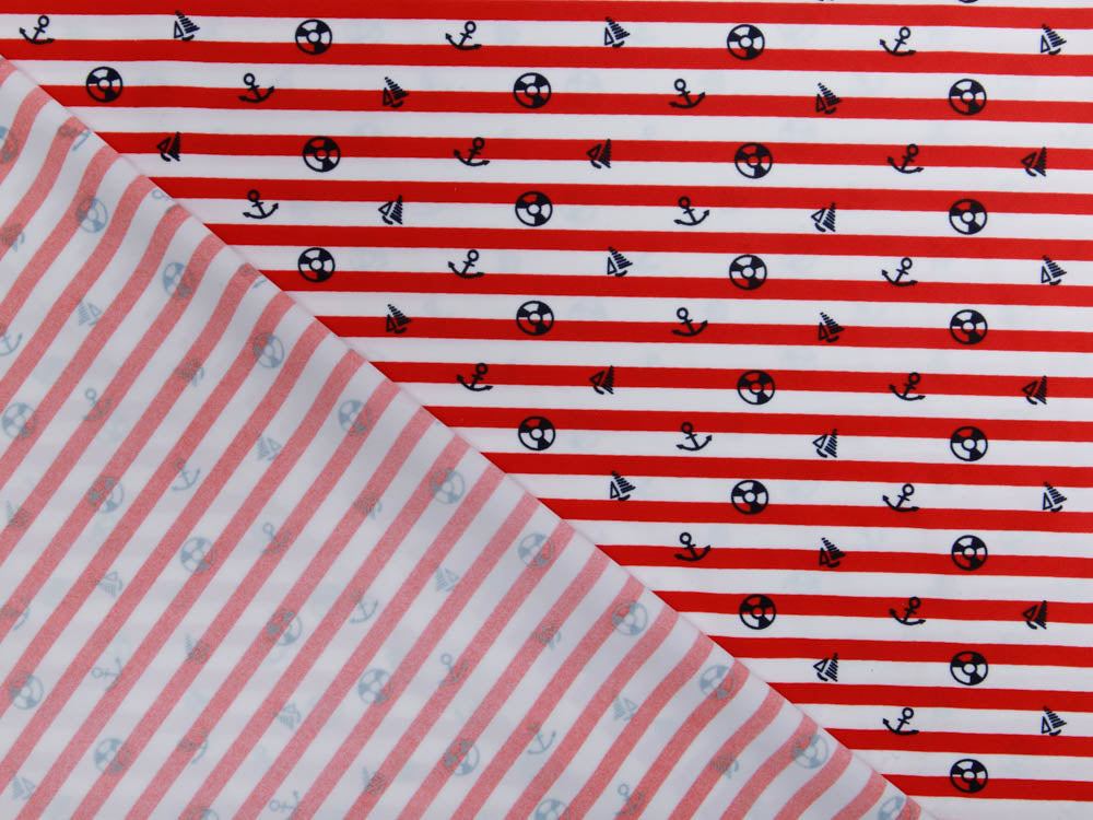 Bade- und Sportstoff - Anker und Boote auf Streifen