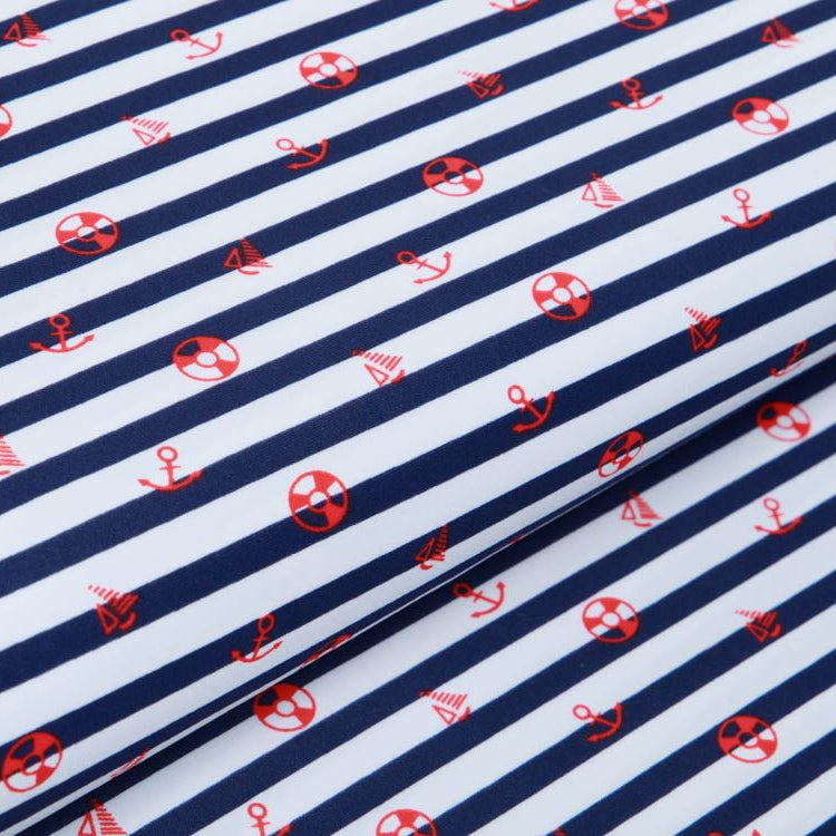 Bade- und Sportstoff - Anker und Boote auf Streifen