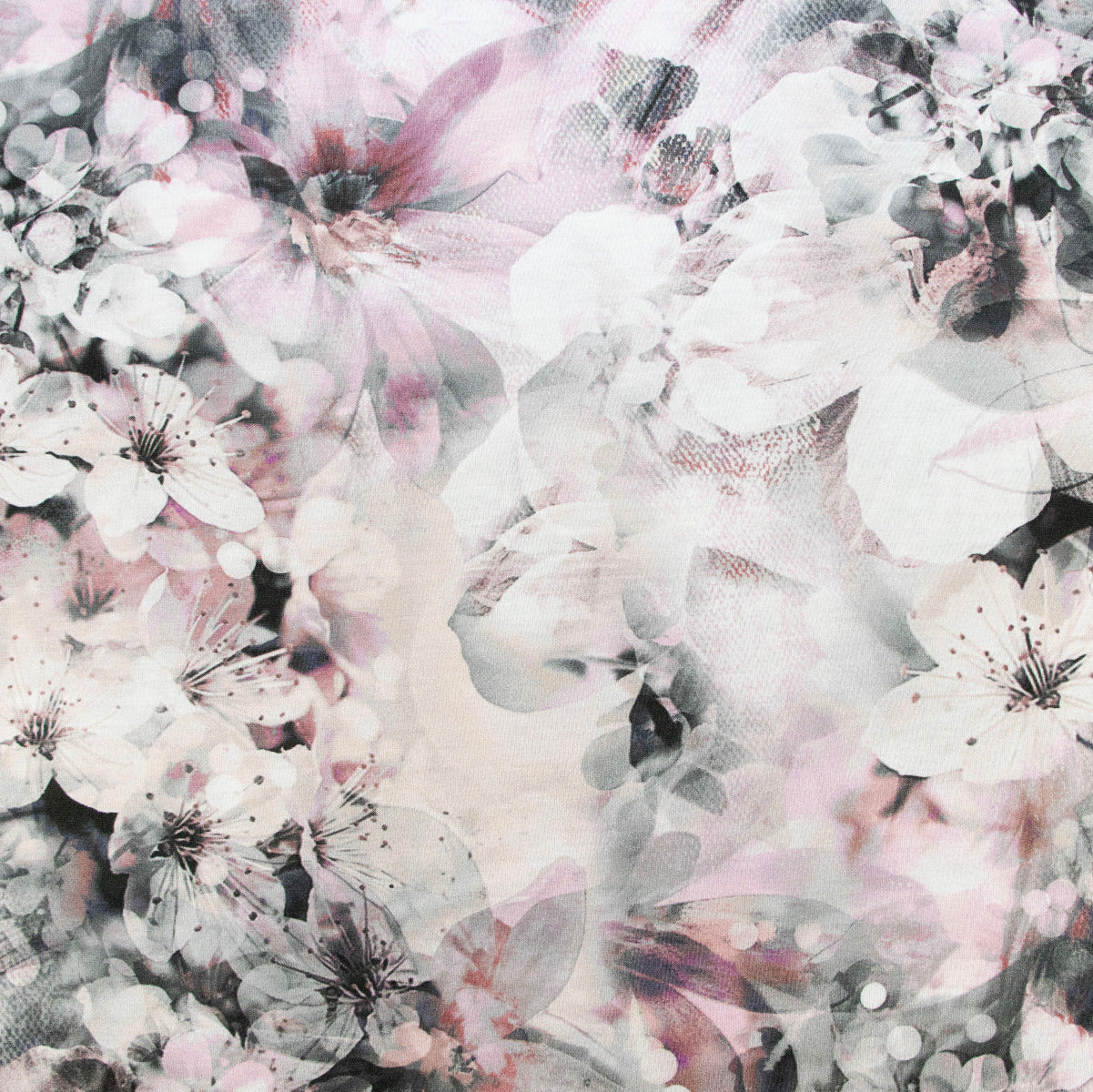 Jersey Digitaldruck - große und kleine Blumen - Weiß - Grau