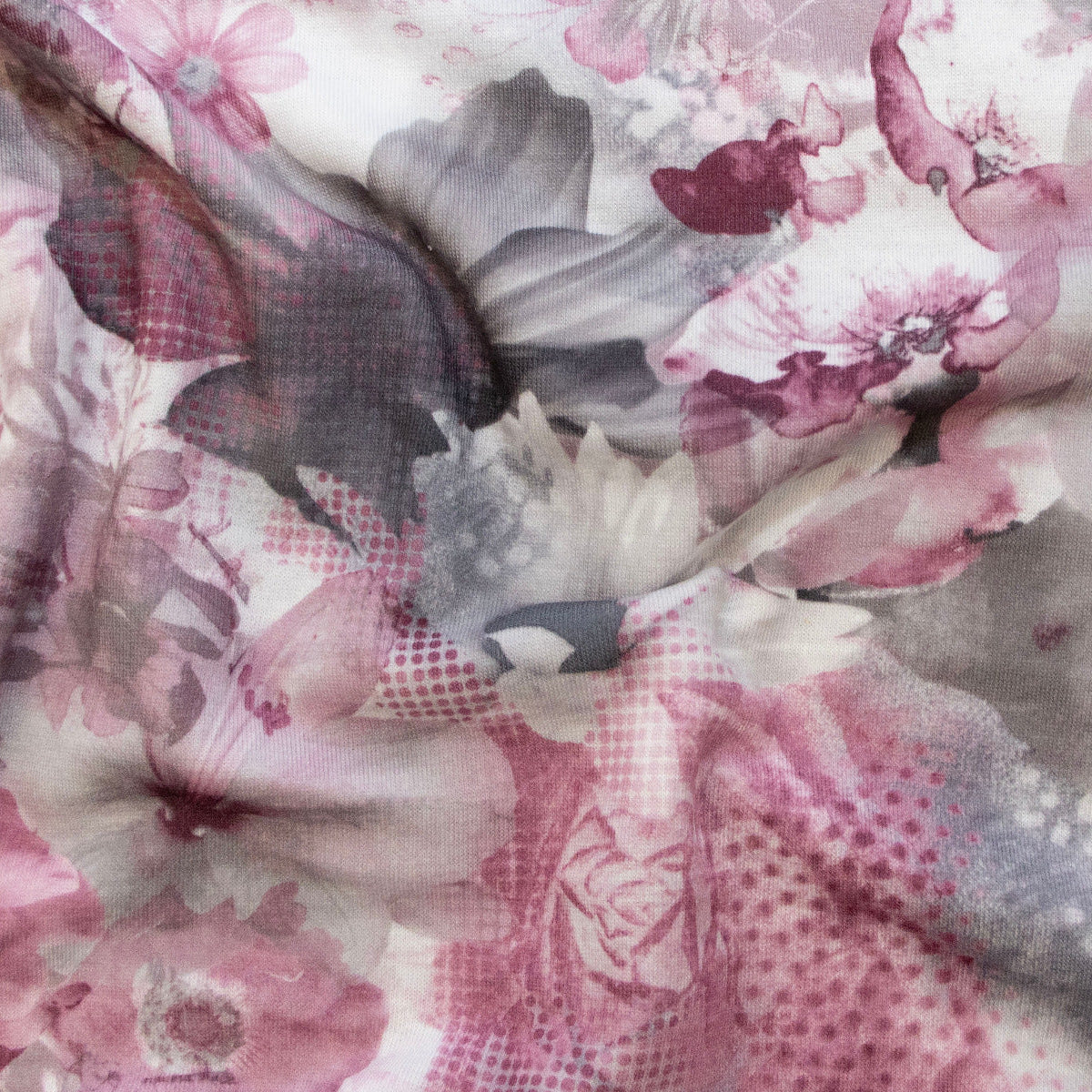 Jersey Digitaldruck - Rosa Blumen - Weiß - Grau