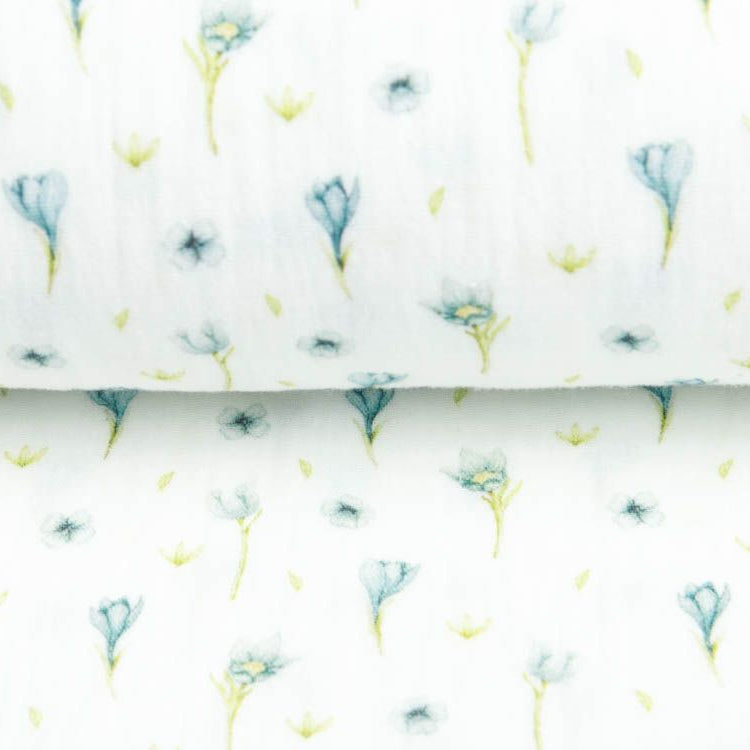 Musselin Baumwolle Double Gauze Digitaldruck Mille Fleurs - blühende Krokusse - weiß-blau