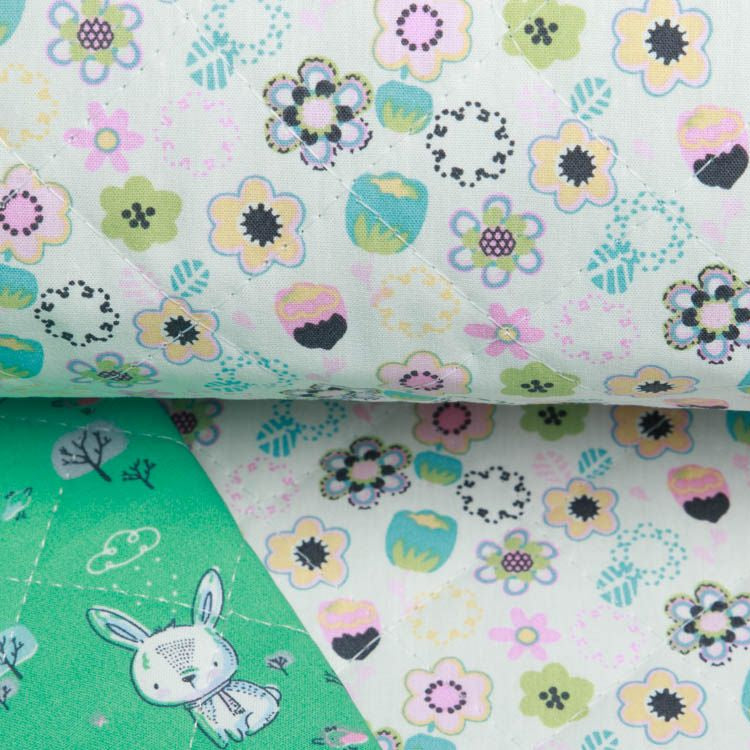 Rautenstepper Jackenstoff Doubleface XAVI - bunte Blumen und süße Hasen - weiß