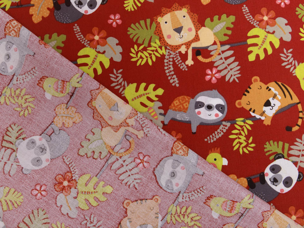 Französische Webware Baumwolle - spielende Zootiere - terrakotta