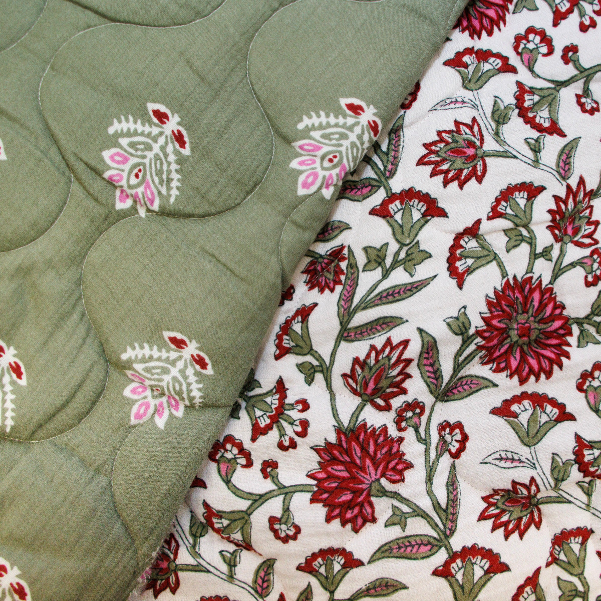 Baumwolle Musselin Doubleface gepolstert - Blumenranken - olivgrün
