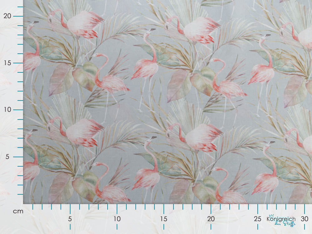 Webware Viskose Digitaldruck - Flamingos und Blätter - helles altmint