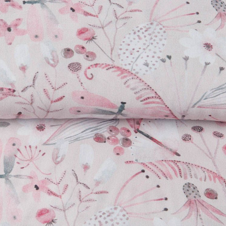 Webware Viskose Digitaldruck - Libellen zwischen Blüten und Blättern - zartes rosa