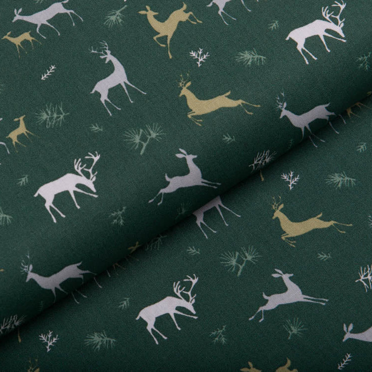 Webware Popeline Baumwolle Weihnachten - Hirsche und Rehe - Dunkelgrün
