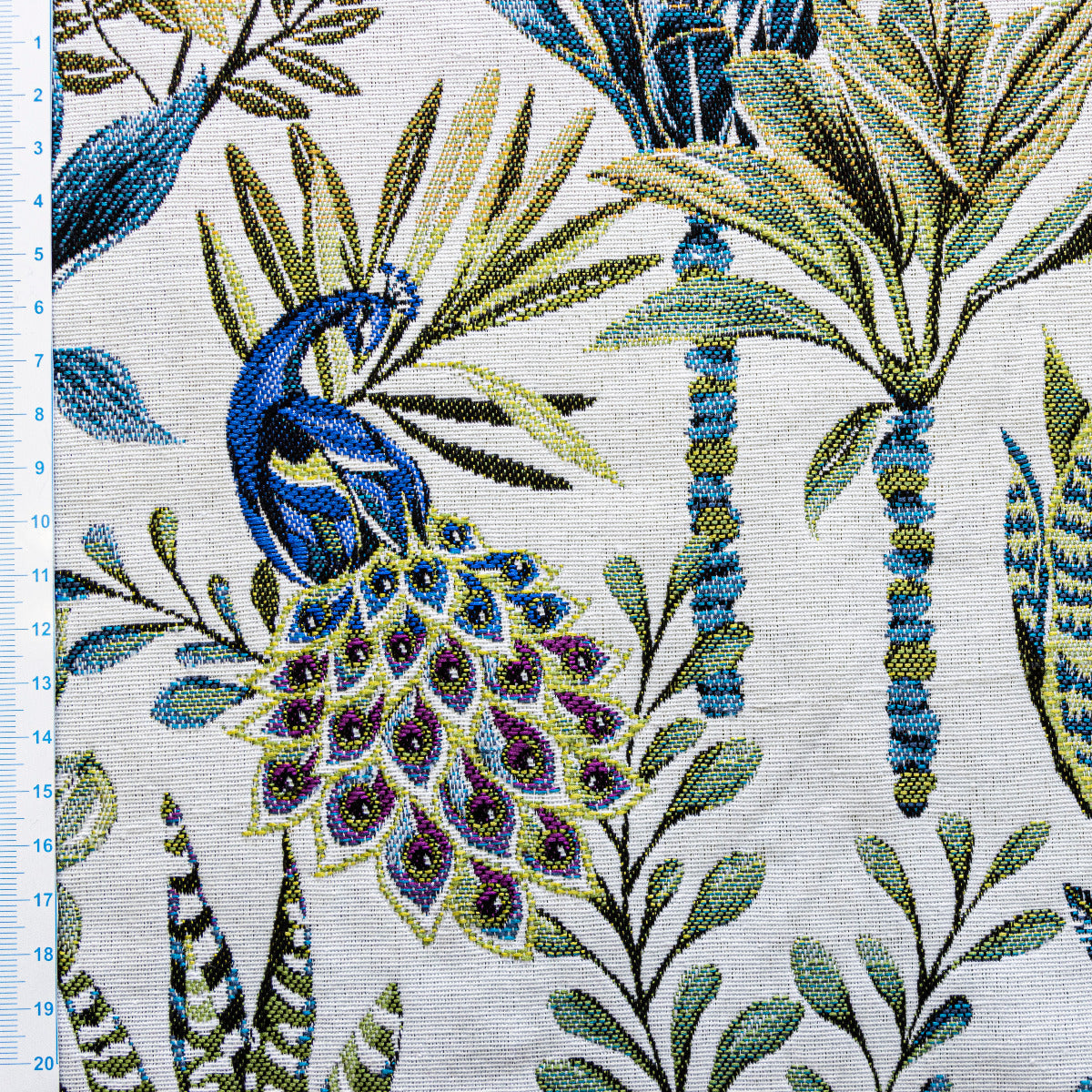 Jacquard Gobelin Dekostoff - Pfauen in der Natur - wollweiß